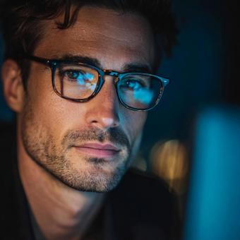 モニターを見つめる眼鏡の外国人男性 モニターを見つめる眼鏡の外国人男性の写真