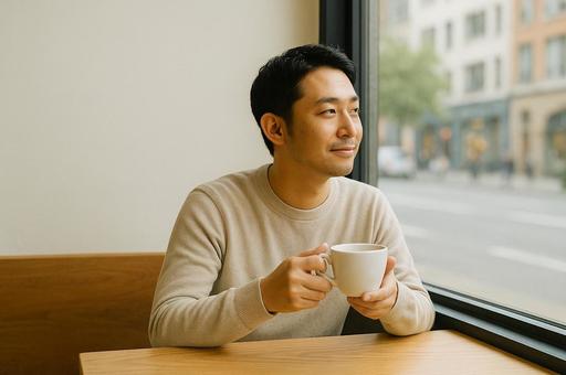 カフェの窓際でホッと一息の写真