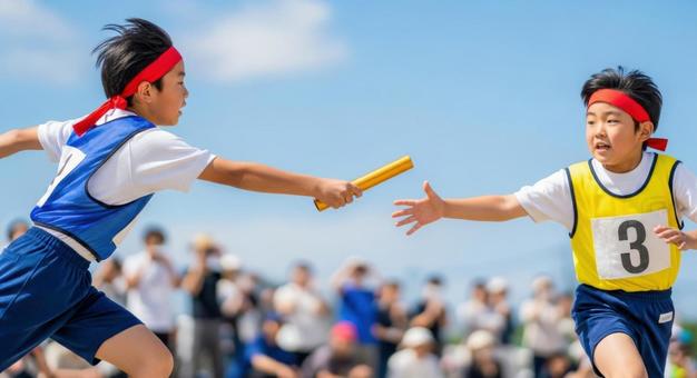 小学生が運動会リレーでバトンを渡す瞬間の写真