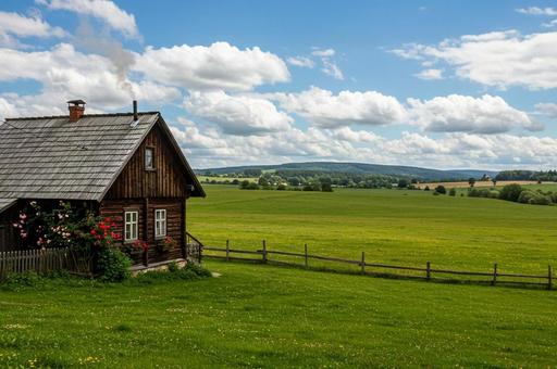 青空の下に広がる草原と煙の上がる家の写真