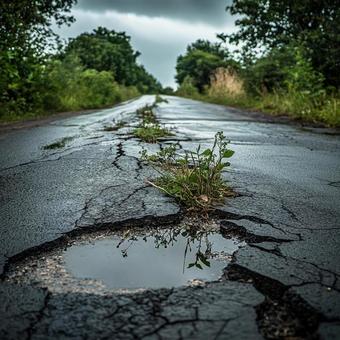 ひび割れた舗装道路と雨上がりの水たまり ひび割れた舗装道路と雨上がりの水たまりの写真