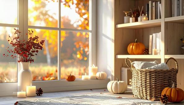 晩秋ディスプレイ・紅葉と落ち葉、かぼちゃの写真