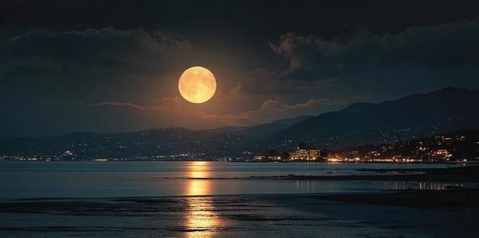 月明かりが照らす、神秘的な夜の湾岸風景 月明かりが照らす、神秘的な夜の湾岸風景の写真