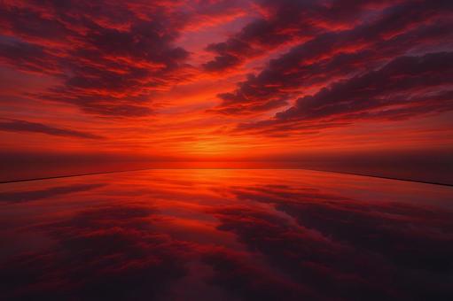 紅に染まる水鏡の夕景 紅に染まる水鏡の夕景の写真