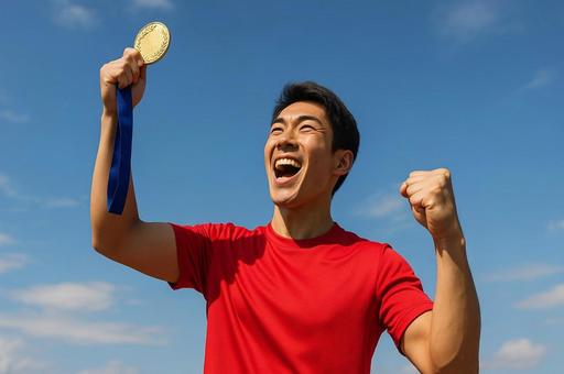 金メダルを掲げて喜ぶ男性アスリート・優勝 金メダルを掲げて喜ぶ男性アスリート・優勝の写真
