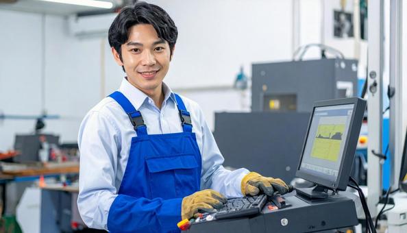 工場の三次元測定機を使う作業服の男性 工場の三次元測定機を使う作業服の男性の写真
