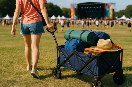 夏フェスで荷物をカートで運ぶ女性 夏フェスで荷物をカートで運ぶ女性の写真