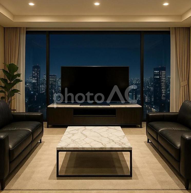 タワーマンションの夜景リビング   高級,リビング,夜景の写真素材