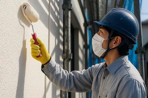 ローラーで壁面塗装を行う作業員・建設現場 ローラーで壁面塗装を行う作業員・建設現場の写真