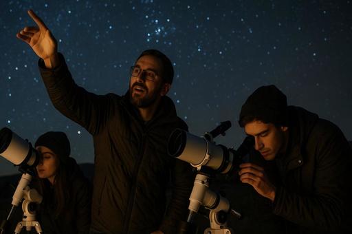 星空観察と望遠鏡の人物 星空観察と望遠鏡の人物の写真
