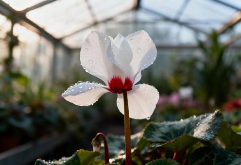 雨粒が光る白いシクラメンの花をアップ 雨粒が光る白いシクラメンの花をアップの写真