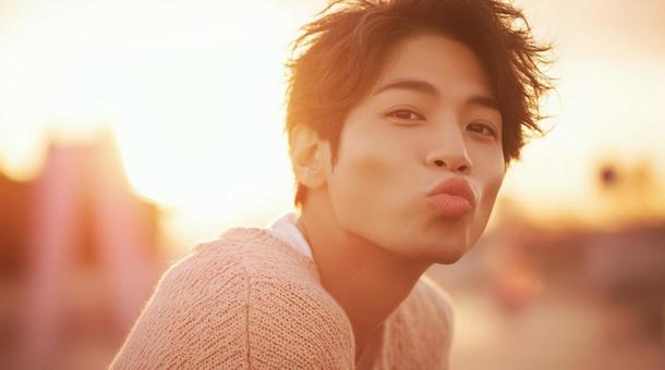 A refreshing guy with a kissing face pose: a gesture that will make you popular in love, kiss face, refreshing boy, handsome man, JPG