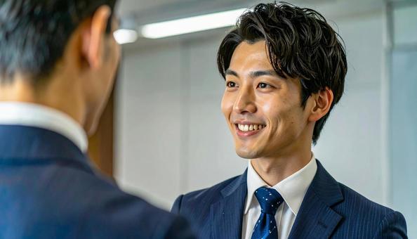 笑顔で話すスーツ姿の男性の写真