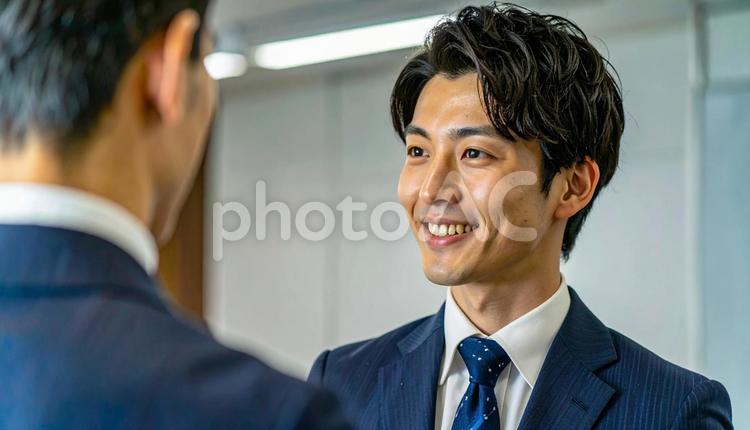 笑顔で話すスーツ姿の男性 男性,ミーティング,ビジネスマンの写真素材