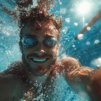 水中で笑顔を見せる男性スイマー 水中で笑顔を見せる男性スイマーの写真