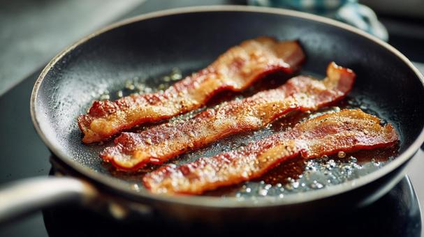 鉄のフライパンで焼かれるベーコン 鉄のフライパンで焼かれるベーコンの写真