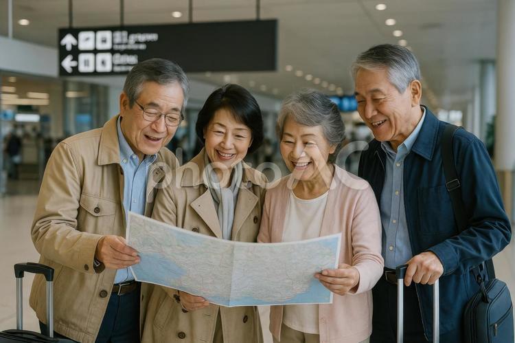 空港のロビーで地図を見るシニア夫婦と友人 空港,ロビー,シニア夫婦の写真素材