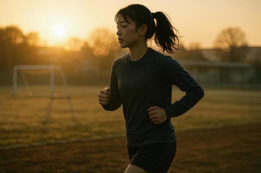 朝日を浴びてジョギングする女子選手 朝日を浴びてジョギングする女子選手の写真