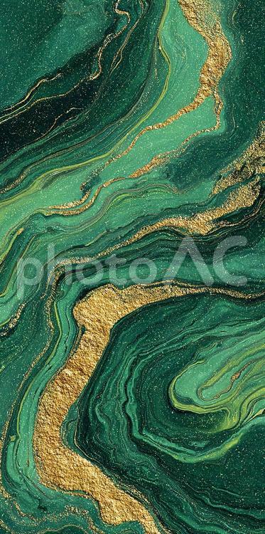エメラルドグリーンと金の流体模様 抽象,抽象画,アートの写真素材