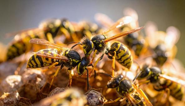 ミツバチの巣を襲うスズメバチ ミツバチの巣を襲うスズメバチの写真