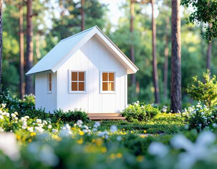 森の中の白い小屋 森の中の白い小屋の写真