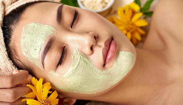顔にハーブピーリング施術を受ける女性 顔にハーブピーリング施術を受ける女性の写真