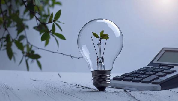 光熱費のイメージ 電球と白い計算機 光熱費のイメージ 電球と白い計算機の写真