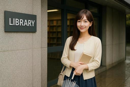 図書館前で雨宿りする女性 図書館前で雨宿りする女性の写真
