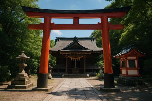 緑に囲まれた鳥居と神社 緑に囲まれた鳥居と神社の写真