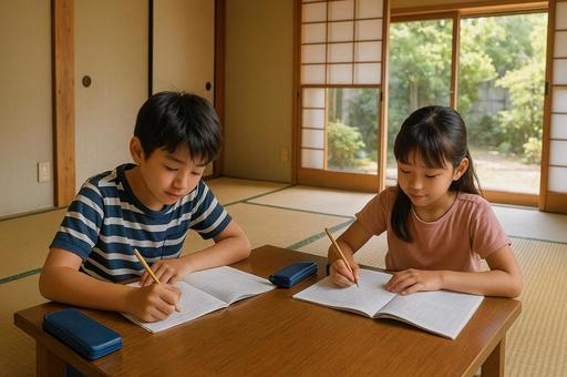夏休みの宿題をする兄妹 夏休みの宿題をする兄妹の写真