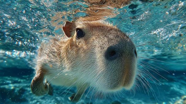 水中から見た、リラックスして泳ぐカピバラ 水中から見た、リラックスして泳ぐカピバラの写真