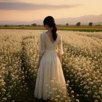 白いドレスの女性と夕暮れの花畑 白いドレスの女性と夕暮れの花畑の写真