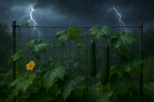 雷雨のヘチマ棚 雷雨のヘチマ棚の写真
