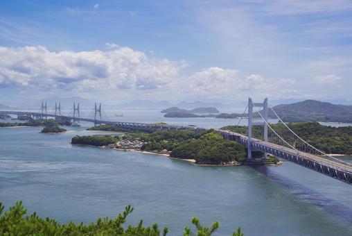 A panoramic view of the Great Seto Bridge from Mount Washu in Kurashiki, seto ohashi bridge, honshu-shikoku bridge, shimotsuisetoo bridge, JPG