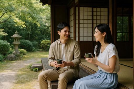 古民家の縁側で談笑する二人 古民家の縁側で談笑する二人の写真