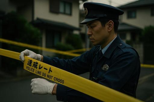 事件現場を封鎖する警察官 事件現場を封鎖する警察官の写真