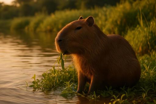 夕陽の川辺のカピバラ 夕陽の川辺のカピバラの写真