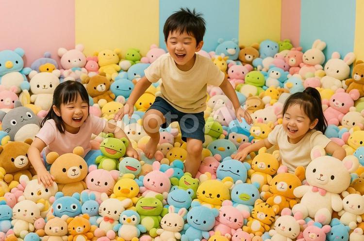 	ぬいぐるみだらけの部屋で遊ぶ子供 ぬいぐるみ,子供,キッズスペースの写真素材