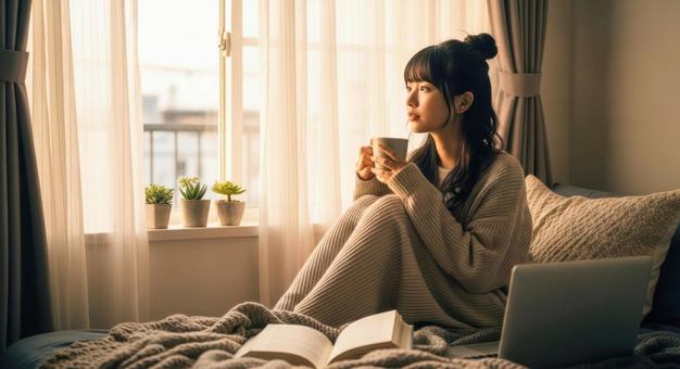 窓辺でコーヒーを飲む女性の写真 窓辺でコーヒーを飲む女性の写真の写真