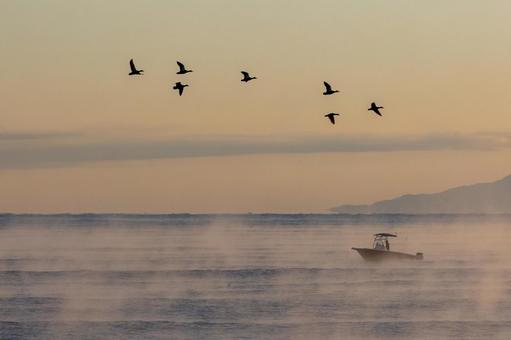 気嵐の海を行く船と鳥 富山,高岡,雨晴海岸の写真素材