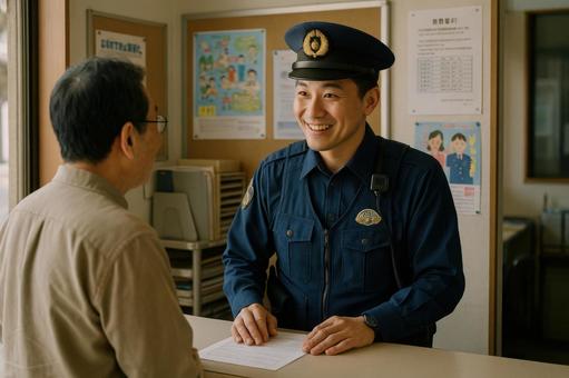 警察官が交番で住民対応中の写真