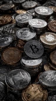 積み重ねられた様々な仮想通貨コインの山 積み重ねられた様々な仮想通貨コインの山の写真