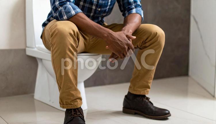 男子トイレで暇つぶしをする男性 トイレ,男子,男性の写真素材
