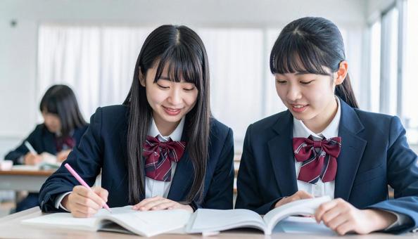 友人と勉強をする女子学生二人 友人と勉強をする女子学生二人の写真
