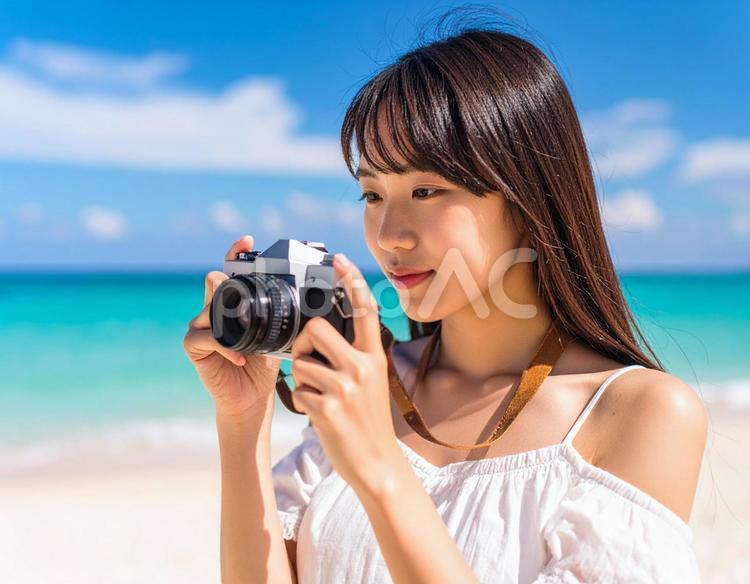 カメラ女子と南の海 カメラ女子,女性,海の写真素材