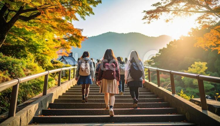 階段を登る日本人の高校生たち 高校生,後ろ姿,学校の写真素材