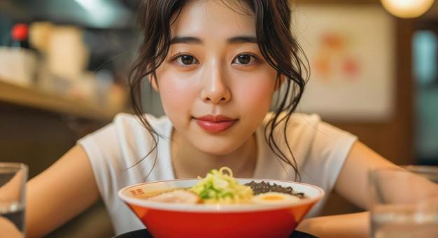 ラーメンを食べる前の女性のクローズアップ ラーメンを食べる前の女性のクローズアップの写真