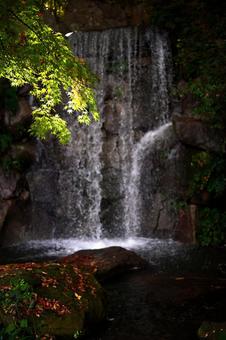 光を纏った秋 紅葉,滝,秋の写真素材