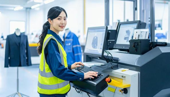 工場の三次元測定機を使う作業服の女性 工場の三次元測定機を使う作業服の女性の写真