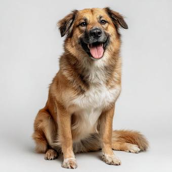 おすわりする茶色の犬の写真